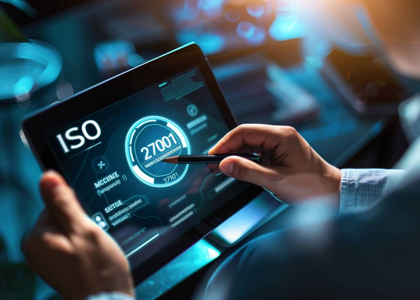 ISO 27001 concept. requirements, certification, management, standards. Businessman using tablet to choose ISO 27001 for information security management system