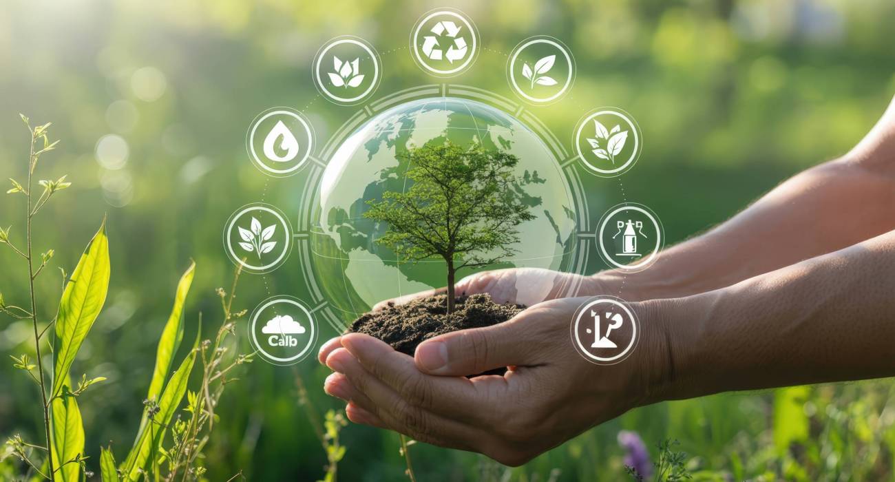Shot of cupped human hands holding a small mound of dark soil with a young tree growing out of it, set against a bright, blurred green field background. A semi-transparent digital overlay features a depiction of the planet Earth with a tree centered on it, encircled by various white outline icons representing ecological concepts like recycling, water, leaves, and clean energy.