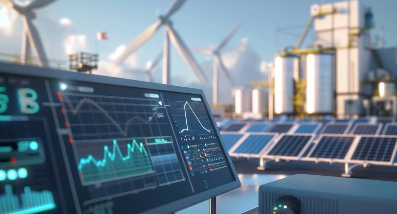 Renewable energy data analysis on digital monitor at solar and wind power plant. Sustainable development and green technology concept. Digitalization of energy sector with copy space. Design for educational, eco-friendly technology.